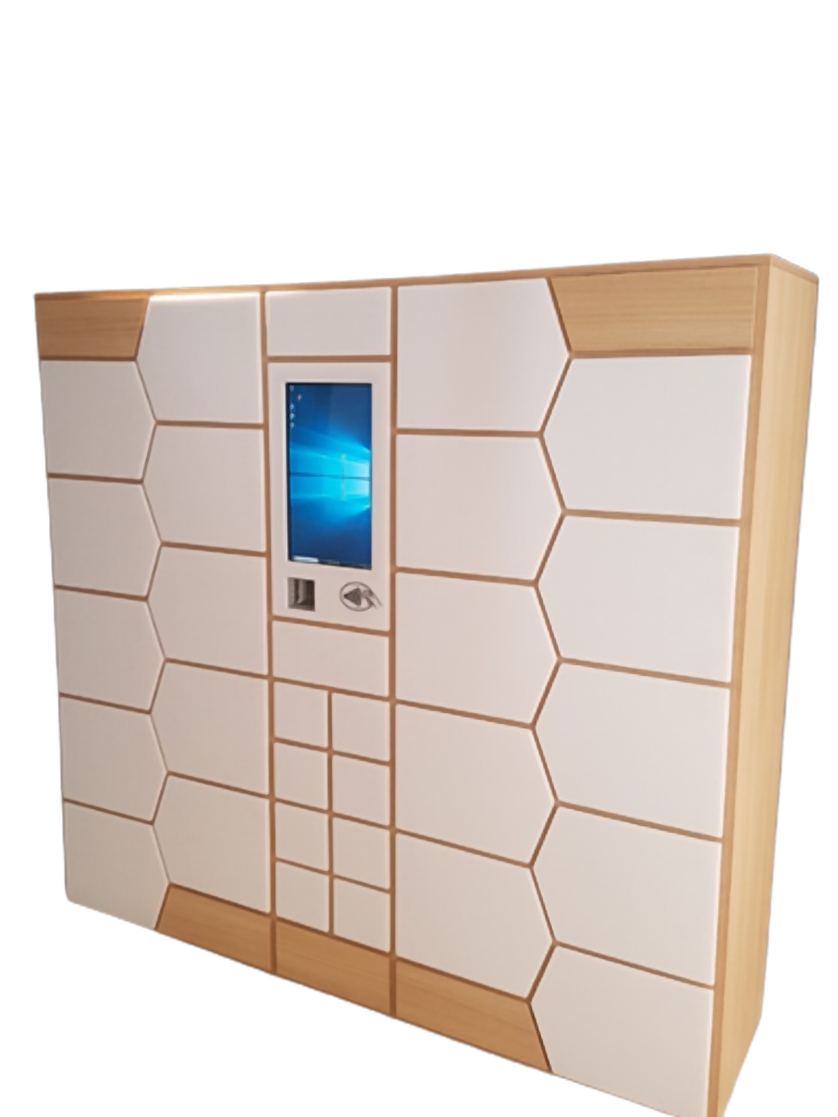 Meuble de casiers connectés PLAYZWELL, façade nid d’abeille avec écran central